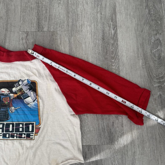 VINTAGE 1984 Robo Force 3/4 Sleeve Baseball Tee Shirt Size 7 White Red Kids - Picture 6 of 8